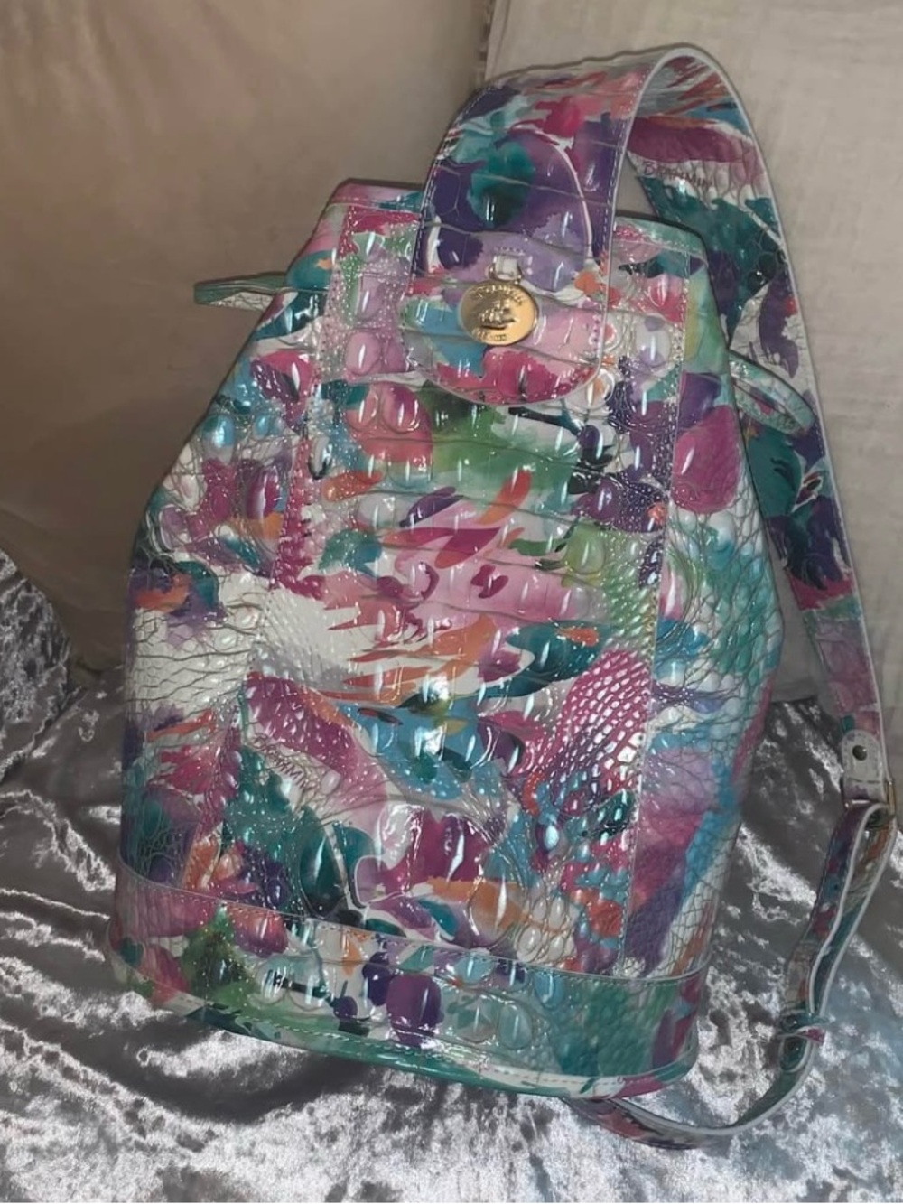 Brahmin Allie Sling Backpack Daylily Watercolor Floral Melbourne Leather